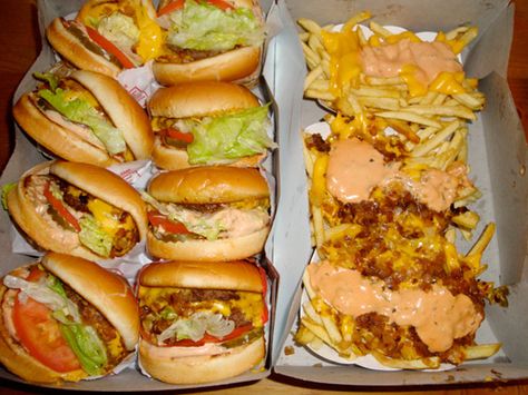 In-N-Out's "Animal Style" Burgers & Fries  Can't freakin wait for this!!!!! Popular Restaurants, Different Types Of Food, Chili Fries, 5 Guys, In And Out Burger, In-n-out Burger, Burger And Fries, Secret Menu, Five Guys