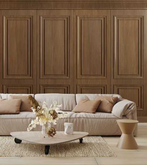 English Wood Paneling, Wood Panel And Wallpaper, Oak Wood Accent Wall, Oak Wood Panel Walls, Bedroom Wood Panelling, Classic Wall Panel Design, Modern Wood Paneling Walls, Vintage Paneling, Wood Panel Walls Living Room