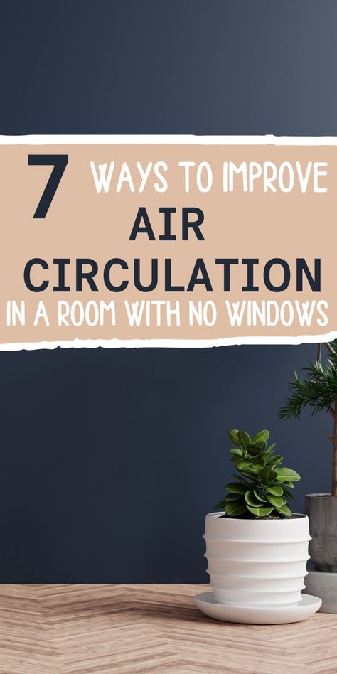 Stylish room with a striking navy-colored wall and a vibrant green plant, highlighting the importance of air quality and circulation. Pin title: '7 ways to improve air circulation in a room without windows'. Living Room Without Windows Ideas, Room Without Windows Ideas Bedrooms, Window Ventilation Ideas, Room Ventilation Ideas, Bedroom Ventilation Ideas, Windowless Room Ideas, Living Room Without Windows, Rooms With No Windows, House Air Circulation