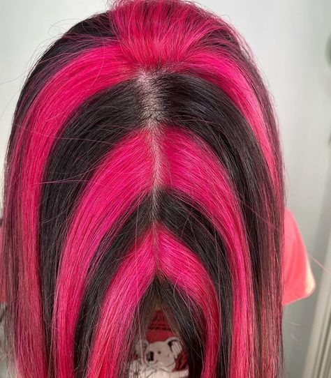 Pink Skunk Hair On Brown Hair, Pink And Black Streaks Hair, Skunk Hair Dye Pink, Pink Skunk Highlights, Stunk Hair Dye, Black Hair With Pink Stripes, Pink Skunk Hair Curly, Pink Hair Streaks Curly, Pink With Black Streaks Hair