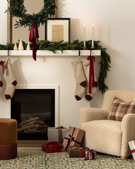 McGee & Co. (@mcgeeandco) • Instagram photos and videos Stocking Fireplace Ideas, Minimal Cozy Christmas Decor, Holiday Decor Fireplace, Red Brown Christmas Decor, Simple Winter Mantle Decor, Where To Put Stockings With No Mantle, Christmas Stocking No Fireplace, Red Christmas Mantle Decor, Xmas Apartment Decor