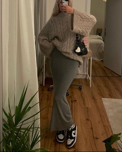 Hijabi Bodycon Dress Outfit, Dress With Pullover Sweater Outfit, Long Skirts Winter Outfit, Long Knitted Skirt Outfit, Winter Dresses Outfit, Outfits For Church Winter, Grey Maxi Skirt Outfit, Short Sweater Outfit, Grey Dress Outfit