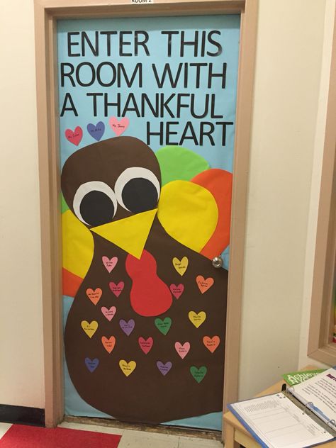 Our version of a Thanksgiving door decoration Thanksgiving Classroom Door, Thanksgiving Door Decorations, Preschool Door, Thanksgiving Bulletin Boards, Halloween Bulletin Boards, Thanksgiving School, Thanksgiving Classroom, School Door Decorations, Fall Bulletin Boards