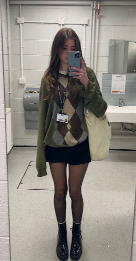 Green Argyle Sweater Outfit, Sweater And Skirt Outfit 90s, Autumn Outfits With Doc Martens, Skirt And Jumper Outfit Aesthetic, Sixth Form Outfits Doc Martens, Layered Jumper Outfit, Cute Sweater Skirt Outfits, Black Skirt Outfit Aesthetic Grunge, Black Jumper Skirt Outfit