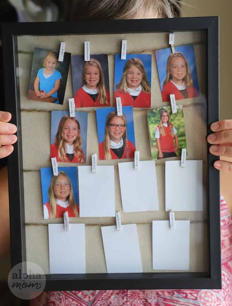 picture of shadowbox frame filled with school portraits over the years School Years Picture Display, Diy K 12 Picture Board, School Photo Gift Ideas, 8x10 School Picture Display Ideas, How To Display School Pictures On Wall, School Picture Frame Ideas, Display School Pictures On Wall, Grade School Pictures Display, Displaying School Pictures