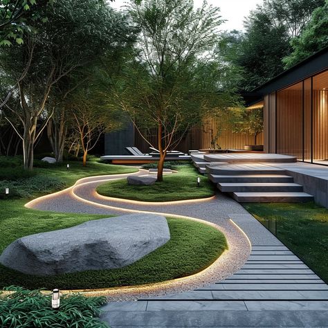 Modern Zen Garden Backyard, Outside Garden Ideas, Zen Landscape Design, Modern Chinese Garden, Bungalow Landscaping, Modern Zen Garden, Garden Design Modern, Spa Garden, Villa Landscape