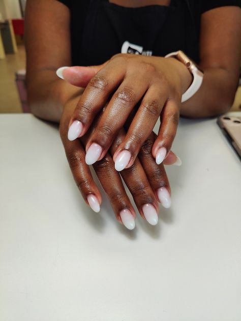 2023 Nail Trends Black Women, Bias Nail Designs, Spring Mani And Pedi Ideas, Milky White Nails Black Women, Bias Nails, Wedding Nails For Black Bride, White Nails On Dark Skin, Short White Almond Nails, Russian Gel Manicure