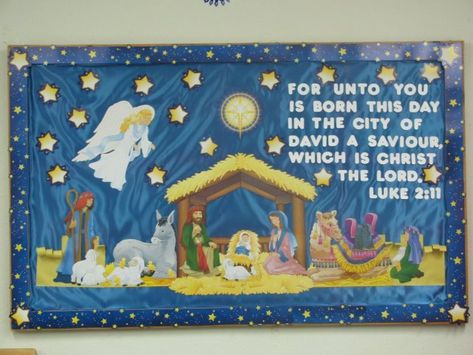 Christmas Bulletin Board #1 based on Luke 2:11 Christmas Bulletin Board Decorations, Christmas Board Decoration, Christmas Bulletin Board Ideas, Christmas Charts, Christmas Bulletin Boards, Christmas Sunday School, Classroom Christmas Decorations, School Board Decoration, Christmas Bulletin Board