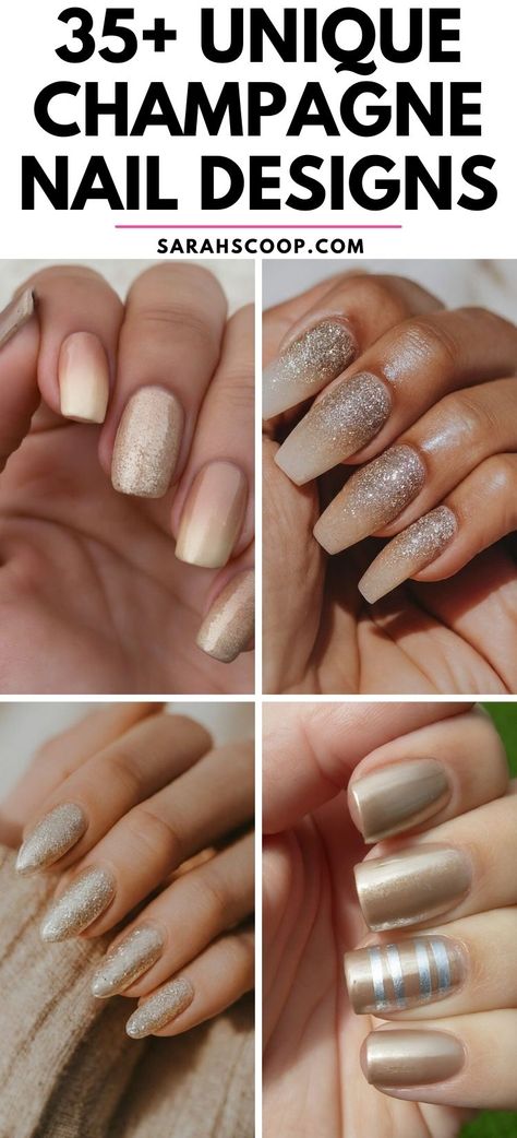 Celebrate style and elegance with these 35+ exquisite champagne nail designs. Perfect for date nights, parties, or a glam night out! 💅🍾✨ #ChampagneNails #NailDesigns #ChampagneNailIdeas Champagne Nails With Chrome, Bridesmaid Nails With Gold, Champagne And Silver Nails, Champagne Nails Coffin, Rose Gold Accent Nails, Champagne Bridal Nails, 50th Anniversary Nails, Nail Ideas For Champagne Dress, Champagne Acrylic Nails Classy