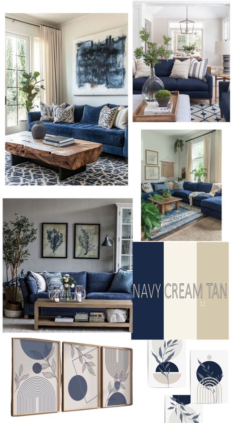 Navy Country Living Room, Navy Brown White Living Room, Navy Couch Grey Walls Living Room, Grey Blue Silver Living Room, Navy Blue White Living Room, Neutral Living Room With Navy Blue Accents, Navy Sofa Cream Walls, Monochromatic Blue Living Room, Blue Gray Tan Living Room