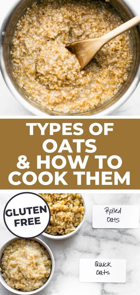 Learn the difference between types of oats, whether they’re gluten free, and common cooking methods for each. Steel cut, rolled, and quick oats. Rolled Oats Recipe Breakfast, Rolled Oats Breakfast, Types Of Oats, Quick Oat Recipes, Rolled Oats Recipe, Steel Cut Oats Recipe, Oats Recipes Breakfast, Raw Oats, Oat Recipes Healthy