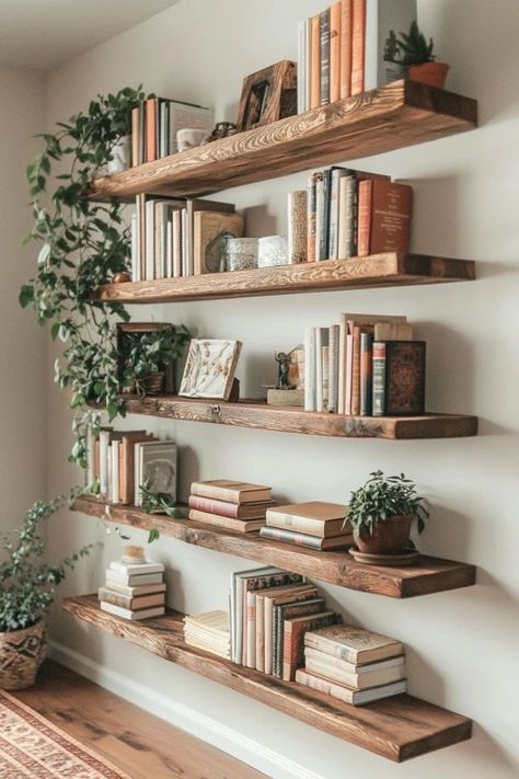 "DIY Floating Shelves: Maximize Space with Style! 🛠️✨" Transform your small space with these easy-to-make floating shelves! Perfect for adding storage and style without taking up floor space. 🏡🌿 #DIYFloatingShelves #SmallSpaceStorage #HomeDecorDIY #EcoFriendlyProjects #CreativeStorageSolutions Diy Counter Shelves, Shelf Spacing Guide Living Room, Living Room Shelves Floating, White And Wood Shelves, Shelf For Living Room Wall, Clever Shelving Ideas, Floating Shelves Floor To Ceiling, Office Floating Shelves Behind Desk, Shelves On Living Room Wall