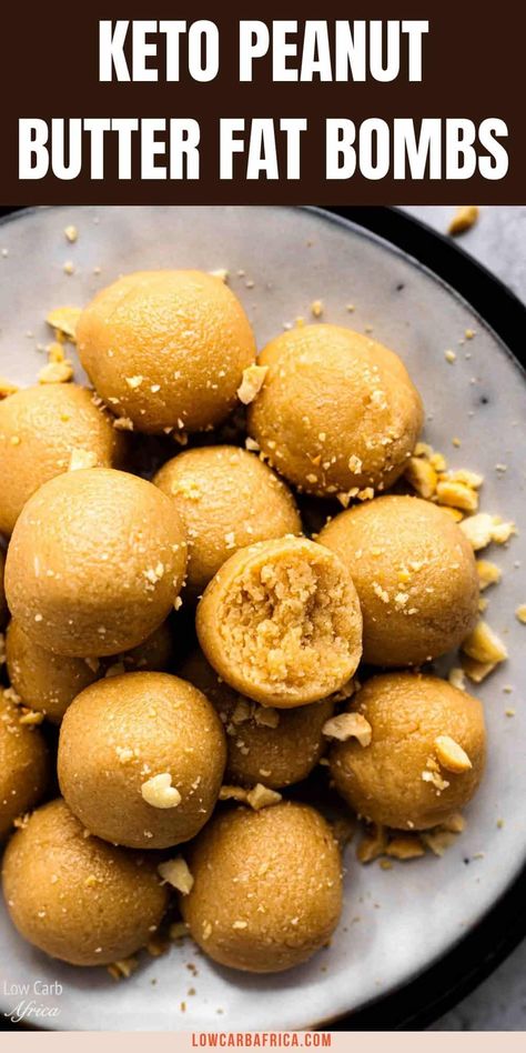 These keto peanut butter fat bombs are little balls of goodness that will help boost your fat intake in a healthy delicious way. Only a few ingredients are needed for these low-carb peanut butter treats. #lowcarbtreats #ketopeanutbutterfatbombs #ketotreats | LowCarbAfrica.com Healthy Keto Desserts Easy, Keto Fat Balls, Keto Peanut Butter Recipes Easy, Keto Pb Balls, Keto Fats List, Keto Fat Bomb Snacks, Keto Dessert Peanut Butter, Fat Bomb Snacks Protein, Fat Bomb Snacks Keto Easy