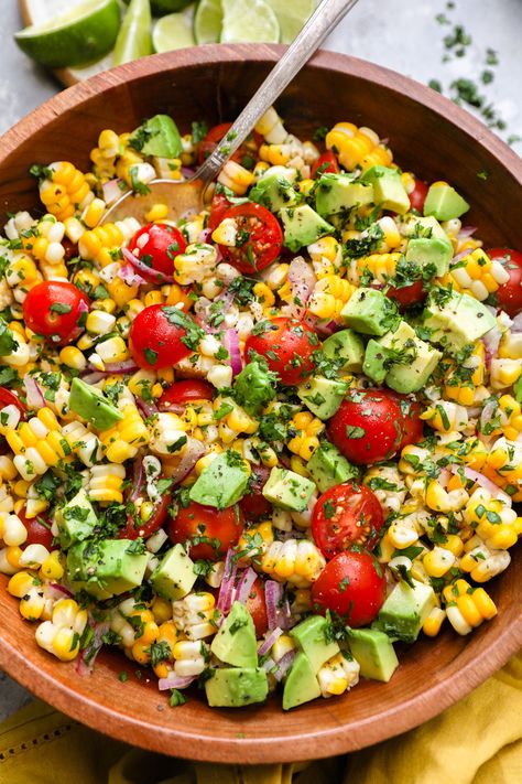 Summer Corn Salad with Avocado - Kalefornia Kravings Salad Corn Avocado, Corn Avocado Salad Recipe, Corn Salad With Lime Vinaigrette, Summer Avocado Salad, Vegan Corn Salad Recipe, Grilled Food Sides, Side Dish For Dinner Party, Summer Corn Salad Recipe Side Dishes, Corn And Green Bean Salad