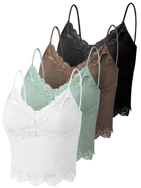 PRICES MAY VARY. Lace Trim Design: women sexy basic solid crop cami top is made of beautiful lace,which makes the lace trim straps camisole top layered pretty and looks more beautiful and fashionable Comfortable Fabric: lace trim straps cami Undershirt is made of quality fabric with romantic lace, which is more soft, breathable, elastic and lightweight; Lace trim straps cami is suitable for most seasons and can be worn all year round Classic Color Choices: you will receive 4 pieces of sexy lace Patchwork, Lace Trim Cami Top, Top Spaghetti Strap, Lace Trim Cami, Long Tank Tops, Lace Patchwork, Lace Camisole, Knit Tops, Lace Cami