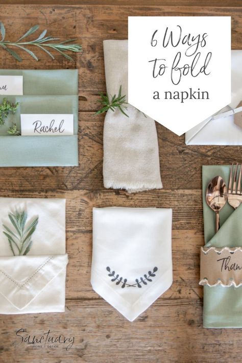 Beautifully folded napkins can add an extra special touch to a table setting, and they only take a moment to create. Learn how to fold a napkin 6 ways for any party or event. Get instructions on folding a two-pocket fold which is perfect for menus, quotes, or name tags. The simple envelope fold makes a considerable impact. Finally, learning how to create the beautiful silverware fold will elevate your table setting and delight your guest. Follow us for more tips just like this. Ways To Fold A Napkin, Wedding Napkin Folding, Creative Napkin Fold, Fold A Napkin, Folded Napkins, Fold Napkins, Fancy Napkin Folding, Easy Napkin Folding, Cloth Napkin Folding