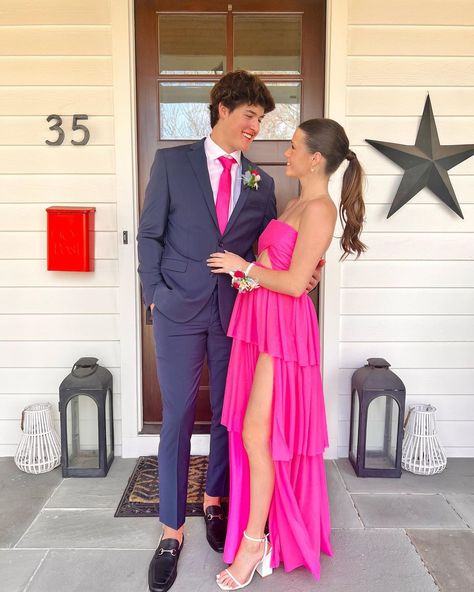 Hot Pink Prom Look, Pink Prom With Date, Pink Prom Dress And Date, Pink Prom Pictures, Prom Date Pics, Prom With Date, Hot Pink Prom Couple, Pink Prom Dress Couple, Hot Pink Prom Dress Couple