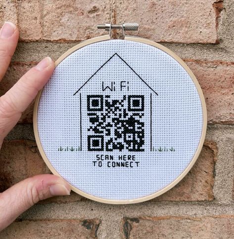 My Internet Password Is Long And Complicated. No Matter How Hard I Try, I Will Never Remember It. My Router Is Hard To Reach And My Kid Keeps Running Off With My Post-It Notes, So I Decided To Stitch A Qr Code To Hang On The Wall 자수 디자인, Stitching Art, Crafty Craft, Embroidery Inspiration, Cross Stitch Art, Embroidery And Stitching, Stitch Design, Cross Stitch Designs, Embroidery Art