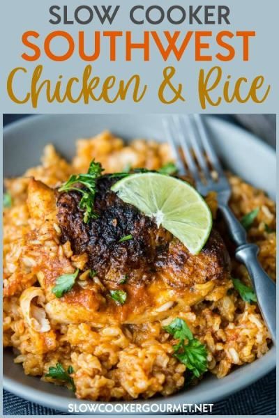 Your weeknights are about to get kicked up a notch with this simple and delicious Slow Cooker Southwest Chicken and Rice! Perfectly spiced and cozy, this dish will soon be a new family favorite! #slowcookergourmet #slowcooker #southwest #chickenandrice #chicken #rice Southwest Chicken Rice, Southwest Chicken And Rice, Chicken And Rice Crockpot, Favorite Casserole Recipes, Slow Cooker Chicken Thighs, Recipe Using Chicken, Southwest Chicken, Slow Cooked Meals, Crockpot Dishes