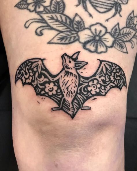 Mexican Free Tailed Bat Tattoo, Bat Wrapped Around Wrist Tattoo, Medieval Inspired Tattoos, American Gothic Tattoo, Traditional Style Bat Tattoo, Spooky Leg Tattoos, Knee Bat Tattoo, Goth Bat Tattoo, American Traditional Gothic Tattoos