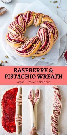 Raspberry and pistachio wreath recipe perfect for Christmas and gifting to loved ones! Easy to make, impressive and delicious. Raspberry And Pistachio, Wreath Recipe, Pembuat Roti, Christmas Brunch, Christmas Cooking, Holiday Baking, Christmas Baking, Christmas Desserts, Vegan Desserts