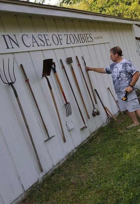 in case of zombies or yard work In Case Of Zombies, Stepping Stones Diy, Yard Tools, Garden Tool Storage, Rock Garden Landscaping, Side Yard, Yard Work, Shed Plans, Garden Shed