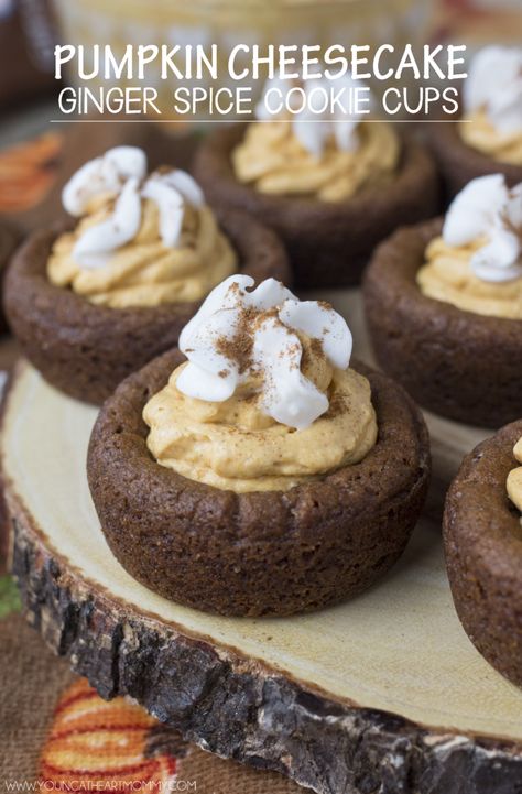 Pumpkin Cheesecake Ginger Spice Cookie Cups - Young At Heart Mommy Ginger Spice Cookies, Gingerbread Cookie Dough, Gingerbread Spice, Cookie Cups Recipe, Pumpkin Cookie, Sweet Treats Desserts, No Lie, Building Community, Light Golden Brown