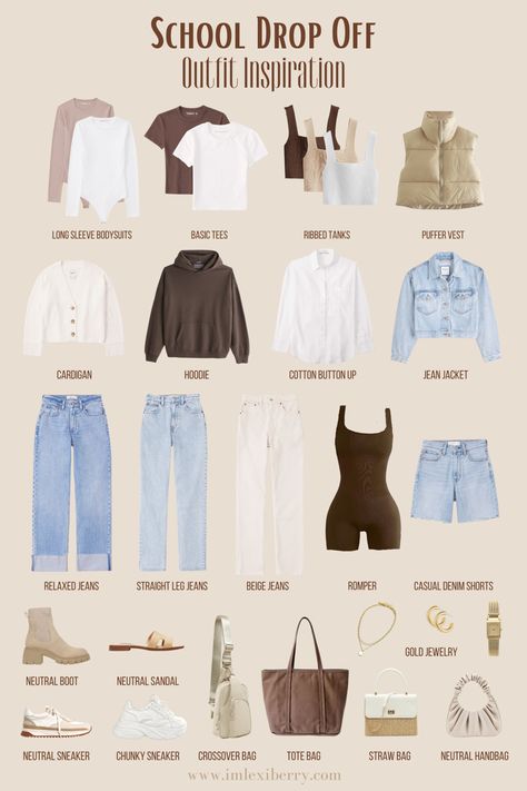 School drop off outfit ideas for mom! One less thing to worry about as the school year quickly approaches! 🤍 Mom Era Outfit, Capsule Wardrobe Ideas Minimal Classic, Mum Style Fashion Outfit Ideas, Mom Wear Outfit Ideas, Mom Playdate Outfit Summer, Outfits To Wear When Meeting His Parents, New Mum Fashion, Museum Mom Outfit, Typical Mom Outfit