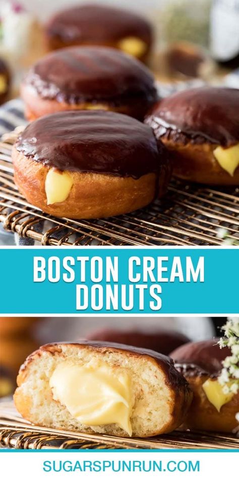 Boston Cream Donuts - Sugar Spun Run Cream Donut Recipe, Boston Cream Donut, Cream Filled Donuts, Biscuit Donuts, Homemade Donuts Recipe, Boston Cream Pie, Filled Donuts, Boston Cream, Homemade Pastries