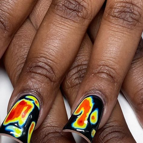 MADEBYM ☆ QUEENS NYC NAIL TECH on Instagram: "thermal energy ⋆｡˚ ⚡️⭐️ book your appointment today!   #explorepage #explore #extralongnails #colorfull #colorfulnails #colorfulart #thermalnails #thermal #blacknails #gelpolish #ducknails #shortnails #y2k #y2knails #cybernails #pinterest #nyc #nycnails #nycnailtech" Thermal Nails Short, Infrared Nails, Thermal Nails Acrylic, Thermal Heat Acrylic Nails, Thermal Nails, Nyc Nails, Queens Nyc, Thermal Energy, Duck Nails