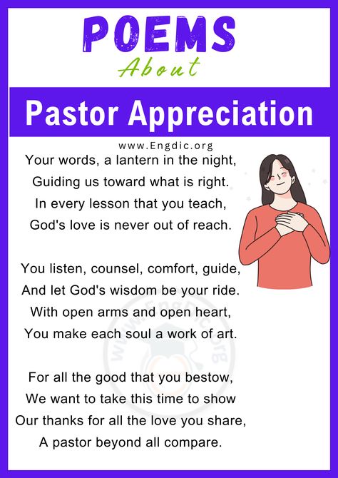 Pastor Appreciation Day is a wonderful occasion to express gratitude for the tireless efforts and spiritual guidance of our pastors. Through their teachings, leadership, and compassion, they inspire and uplift our communities. In this blog post, we’ve gathered ten heartfelt poems that beautifully convey our thanks and admiration for these dedicated individuals. Join us in celebrating the invaluable role pastors play in our lives with these eloquent verses. Short Pastor Appreciation Poem... Thankful Poems, Church Poems, Pastor Appreciation Poems, Appreciation Poem, Pastor Appreciation Quotes, Heartfelt Poems, Encouraging Poems, Pastor Appreciation Month, Writing Songs Inspiration