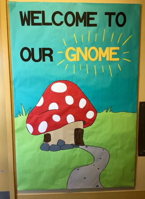 Part 1 or 2 September Bulletin Boards: For the first month of the fall semester I themed my floors as gnomes! Enchanted Forest Classroom Theme Bulletin Boards, Enchanted Forest Bulletin Board, Gnome Classroom, Gnome Bulletin Board, Forest Bulletin Board, Gnome Classroom Door, Mushroom Bulletin Board, Mushroom Classroom Theme, Gnome Classroom Theme