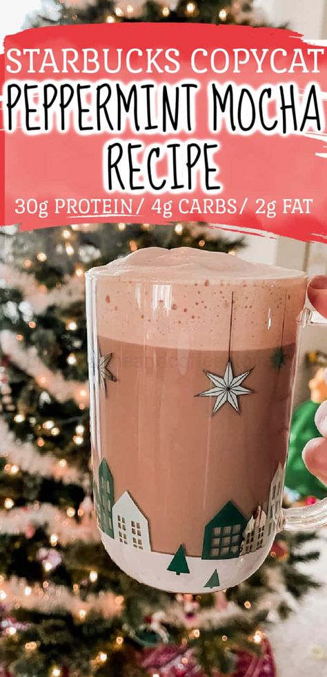 This is a protein packed low carb skinny peppermint mocha copycat recipe! So easy to make Seasonal Coffee Drinks, Starbucks Protein, Peppermint Mocha Creamer, Low Carb Starbucks Drinks, Peppermint Mocha Recipe, Coffee Recipes Hot, Starbucks Peppermint Mocha, Iced Coffee Protein Shake Recipe, Mocha Recipe