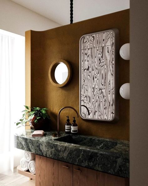 Brown Moody Bathroom, Powder Room Eclectic, Gloomy Bathroom, Lime Wash Bathroom, Mid Century Modern Powder Room, Powder Room Interior Design, Toilet Interior Design, Rust Bathroom, Modern Powder Room