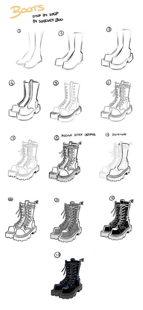 Boots Manga Drawing, Boot Design Sketch, Boots Tutorial Drawing, Boots Sketch Drawing, Boot Art Reference, Boots Sketch Illustration Fashion, Inktober 2024 Boots, Sweeney Boo Art, How To Draw Combat Boots