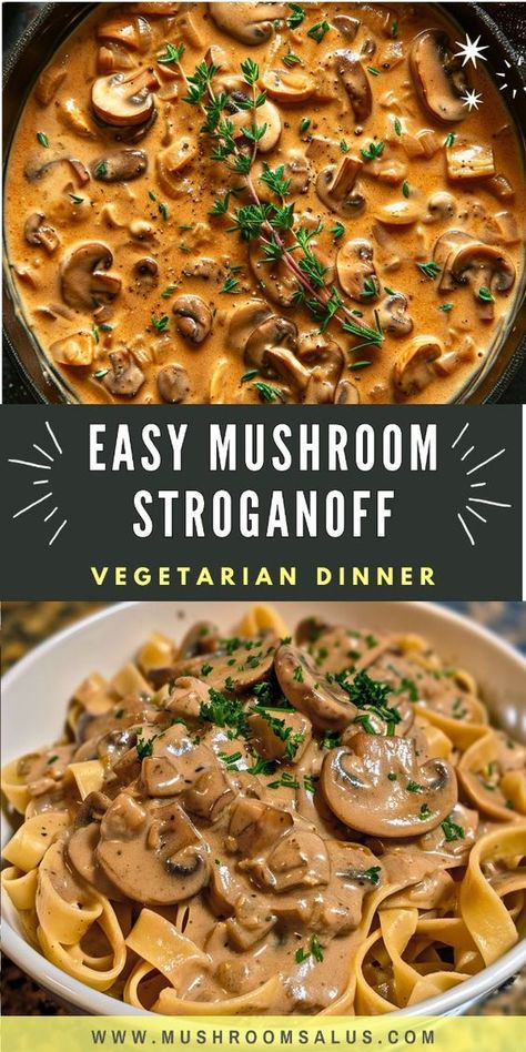 Looking for a delicious and comforting vegetarian dinner idea? Try this Easy Mushroom Stroganoff recipe! Perfect for a cozy fall meal, this creamy dish is loaded with rich flavors and is a must-try for both vegetarians and vegans.   Our Vegan Mushroom Stroganoff uses hearty mushrooms and a luscious sauce, creating the ultimate Mushroom Dish that's both satisfying and easy to make.  Ideal for a One Pot Vegetarian meal that's perfect for a quick weeknight dinner. Check out our recipe and enjoy a warm, comforting dish tonight! Mushroom Dinners Vegetarian, One Pot Mushroom Stroganoff, Recipes For Dinner Mushrooms, Easy Vegetarian Recipes For One, Vegan Stroganoff Recipe, Fall Meals Dairy Free, Cozy Vegetarian Recipes, Hearty Vegetarian Recipes, Creamy Vegetarian Recipes