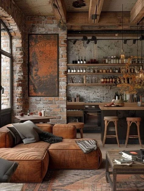 Living Room Designs Urban Modern, Industrial And Wood Decor, Industrial Style Loft Apartment, Wood Furniture Color Ideas, Industrial Loft Floor Plans, Urban Design Interior, Industrial Chic Apartment, Brick Apartment Interior, Brick Interior Design Living Rooms