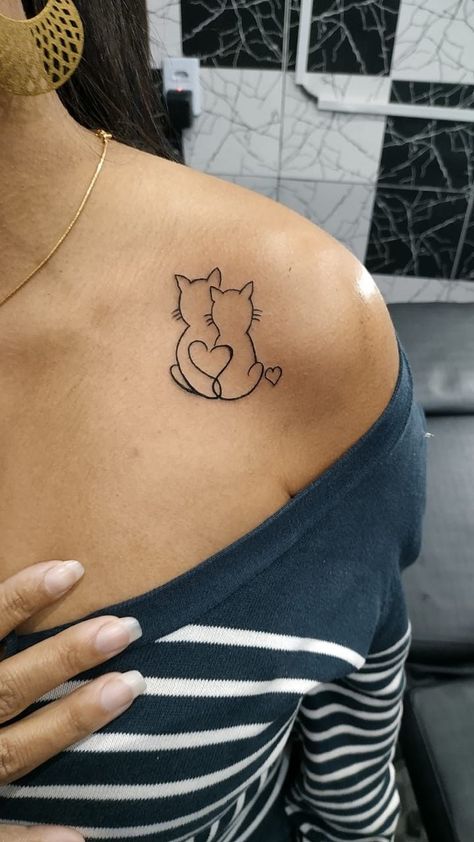 4 Cat Tattoo Designs, Fine Line Kitty Tattoo, Kitty Outline Tattoo, Negative Space Cat Tattoo, Cats Memorial Tattoo, Unique Cat Tattoo Ideas, Cat Tattoo Placement Ideas, Tattoo Ideas For Your Cat, Cat Heartbeat Tattoo