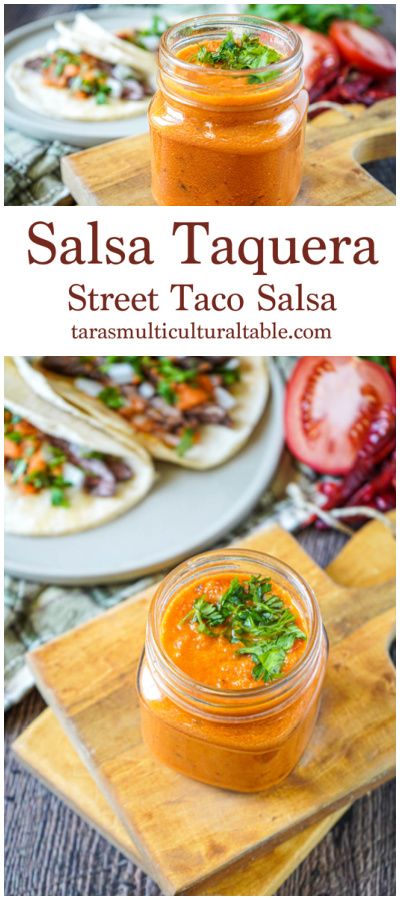 A recipe for Salsa Taquera (Street Taco Salsa) from the cookbook, Taco Obsession- Tara's Multicultural Table- Chiles de árbol are blended with onions, garlic, and tomatoes to create a smoky and spicy flavor. Street Taco Salsa Recipe, Street Taco Salsa, Hot Salsa Recipes, Taco Salsa, Recipe For Salsa, Taco Sauce Recipes, Mexican Salsa Recipes, Street Taco, Tacos Mexicanos