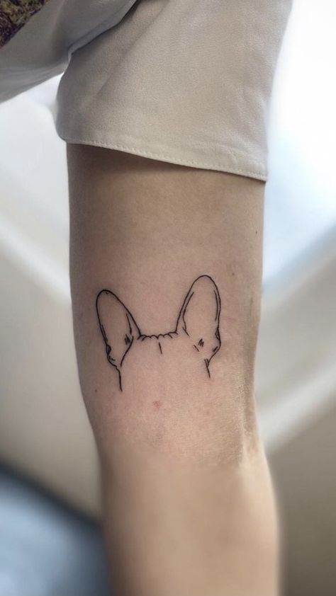 Fine Line Bulldog Tattoo, Dog Ear Fine Line Tattoo, Fine Like Dog Tattoo, Bulldog Fine Line Tattoo, Pet Ears Outline Tattoo, Fine Line Dog Tattoo Ears, Animal Ear Tattoo, Fine Line Work Tattoo, Linework Dog Tattoo