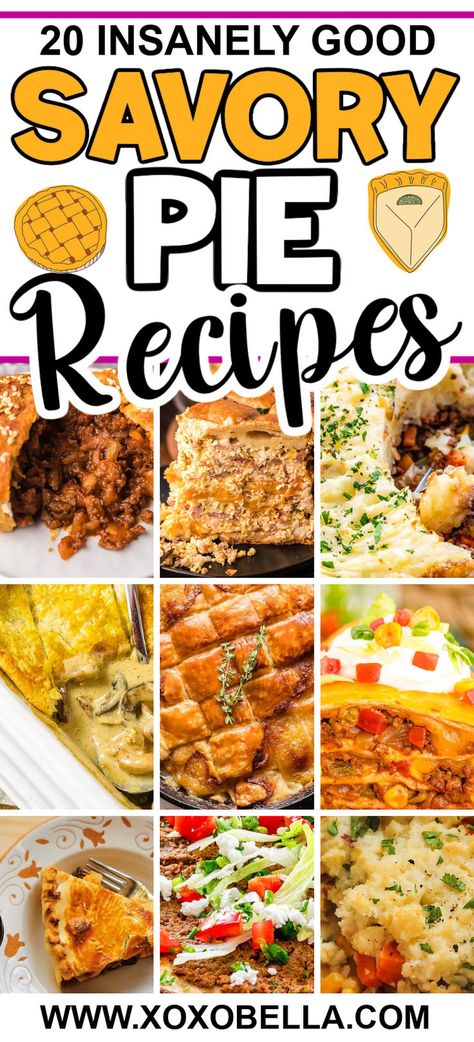 Recipes for savory pies Different Pot Pie Ideas, Best Savory Pie Recipes, Things To Do With Pie Crust Dinner, Food Pie Recipes, Savory Meat Pie Recipes, Pie Dinner Ideas, Christmas Pie Recipes Savory, Pie Savory Recipes, Pie Dish Recipes