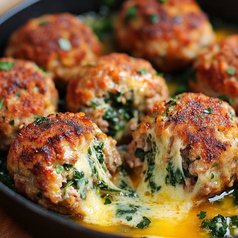 If you’re in the mood for something that’s hearty, flavorful, and just a little bit indulgent, then you’re going to love these Mozzarella-Stuffed Turkey Meatballs with Spinach and Garlic. Picture Turkey Cheese Meatballs, Cheese Stuffed Turkey Meatballs, Mozzarella Chicken Meatballs, Meatball Pita Pockets, Creamy Spinach Meatballs, Recipes That Use Mozzarella Cheese, Turkey Meatball Dinner Ideas Healthy, Swedish Meatballs Turkey, Dinner Ideas With Mozzarella Cheese