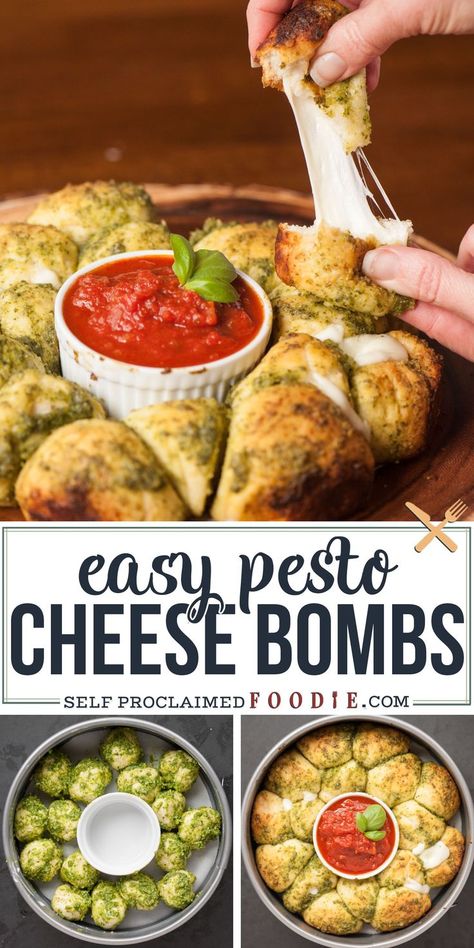 Ooey gooey melty Pesto Cheese Bombs with biscuit dough, pesto sauce, and marinara sauce are super easy to make and will please any crowd. Make this appetizer for your next game day party! Sauce Pesto, Pesto Cheese, Game Day Party, Biscuit Dough, Best Appetizer Recipes, Cheese Appetizers, Ooey Gooey, Pesto Recipe, Pesto Sauce