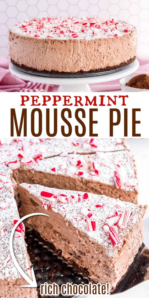 Rich and decadent Chocolate Peppermint Mousse Pie is the holiday dessert of your dreams! A creamy nutella mousse filling is served over a chocolate hazelnut crust with a crushed candy cane topping. Every bite is better than the last! Chocolate Peppermint Mousse, Peppermint Mousse, Hazelnut Crust, Crushed Candy Cane, Nutella Mousse, Peppermint Dessert, Mousse Filling, Mousse Pie, Shugary Sweets