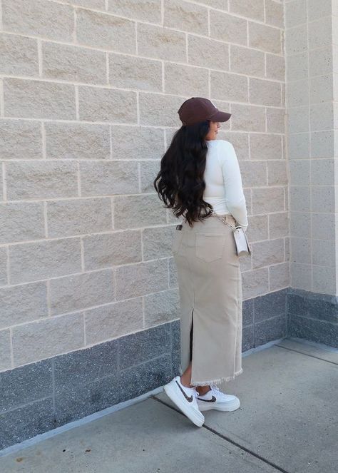 Formal Dress With Nike Dunks, Slip Skirt With Sneakers, Modest Urban Outfits, Movie In The Park Outfit, Modest Hot Outfits, Modest Interview Outfit, Outfit With Long Jean Skirt, Cute End Of Summer Outfits, Modest Fashion Women