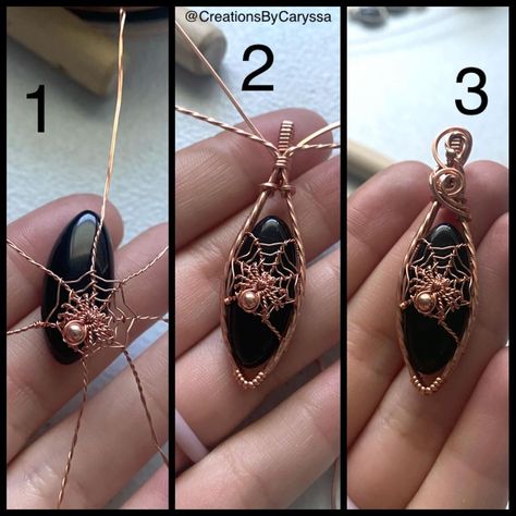 Wire Wrap Tutorials Step By Step, Wire Wrap Small Stones, Spider Wire Wrap, Wire Jewelry Pendant, Metal Wrapped Jewelry, Wire Wrap Designs, Small Wire Wrapped Pendant, Halloween Wire Wrapped Jewelry, Wire Crafts For Beginners