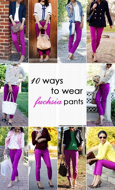 by brightenday, via Flickr  Or Mint Jeggings, or Tangerine Bree Jeans…the CABi list goes on and on!  #nataliethomasmeyer.cabionline.com Fuschia Pants, Purple Pants Outfit, 10 Ways To Wear, Mode Tips, Purple Pants, Colored Pants, Fuchsia Color, Pink Pants, My Day