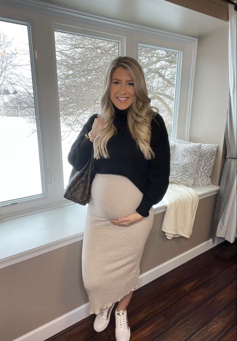 Winter Outfits While Pregnant, Maternity Work Clothes Winter, Maternity Sweater Over Dress, Winter Dress Outfit Pregnant, Maternity Fall Outfits Work, Dressy Winter Maternity Outfits, Maternity Court Outfit, Plus Size Maternity Winter Clothes, Cute Pregnancy Christmas Outfits