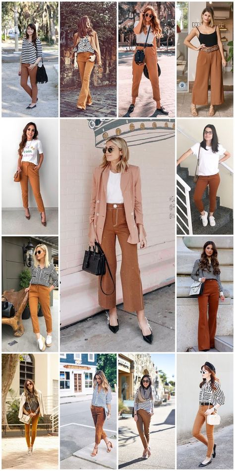 Caramel Jeans Outfit, Brown Color Pants Outfit, Caramel Pants Outfit For Work, Brick Color Pants Outfits, Burnt Orange Pants Outfit Work, Brown Palazzo Pants Outfit, Outfits Pantalon Marron, Casual Fall Camel Pants, Camel Colored Pants Outfit