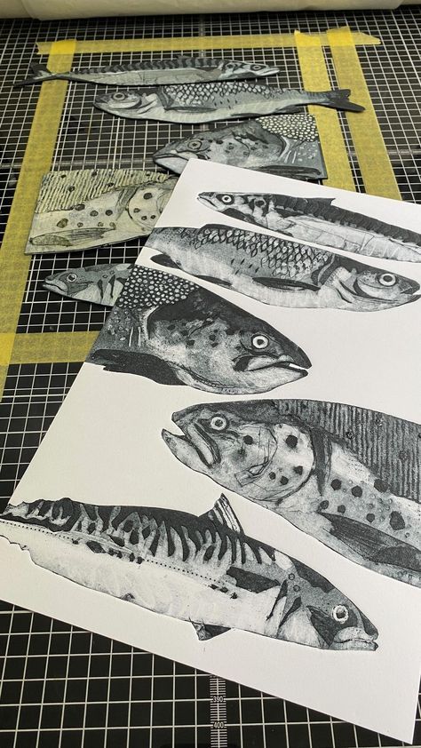 Jenny Mccabe, Collagraph Printmaking, Linocut Printmaking, Mount Board, Dead Fish, Hand Carved Stamps, Brook Trout, Linocut Art, Handmade Stamps